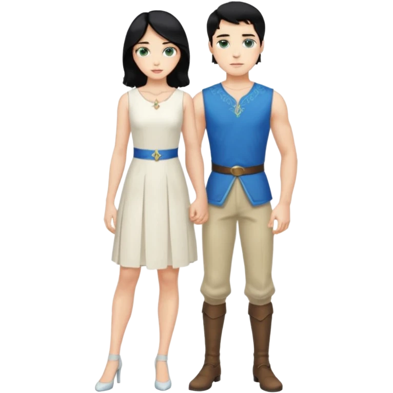 prince, standing upright, black Hair, blue eyes, garment,  woman, bending knee, sleveless white dress, blonde hair, green eyes, emoji