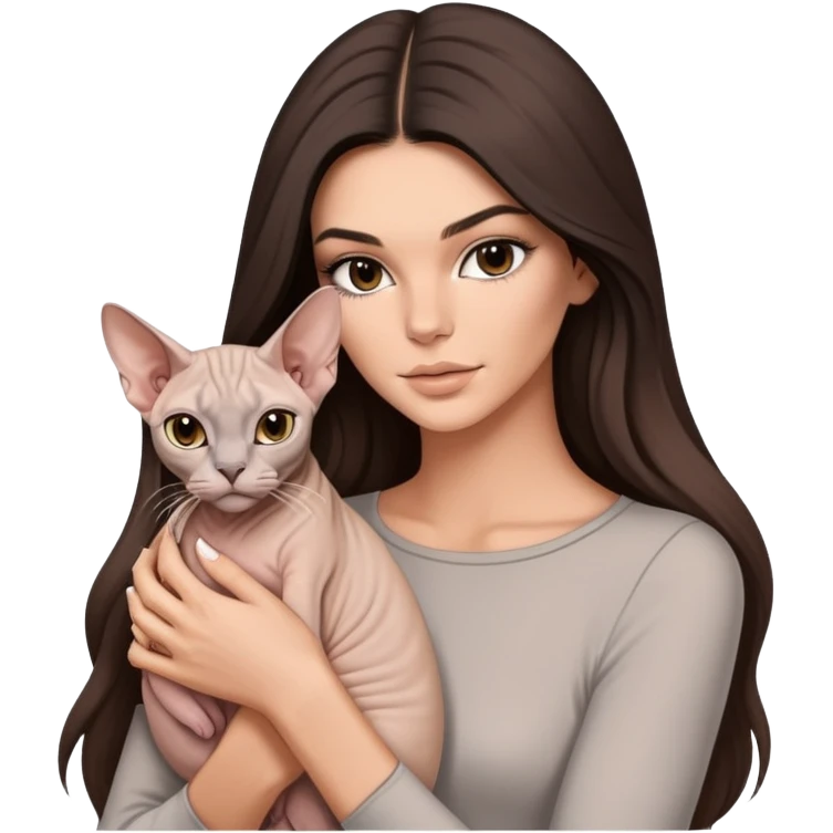brunette Kendall Jenner with long hair holding on the hands a white Sphynx cat and a grey Sphynx emoji
