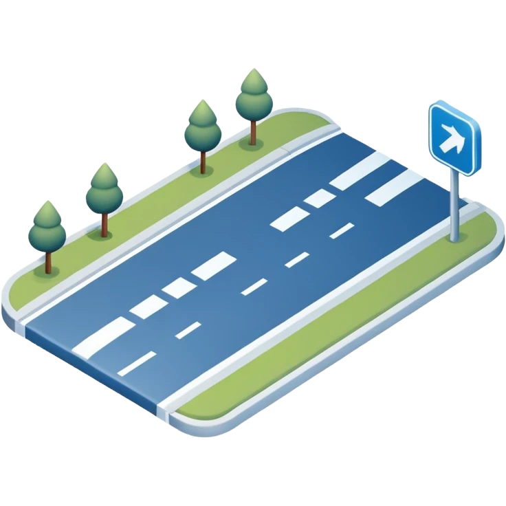
A 3D minimal icon showing a street route with a clear path, blue road with white markings, in a clean, minimal 3D style and a transparent background. emoji