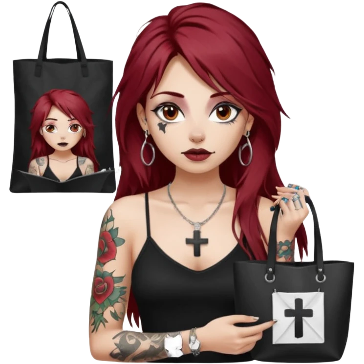 generate an ios genmoji of a fair girl with long dark red messy hair with eyeliner on her eyes.  septum piercing, wearing a cami black top, has tattoos, on shoulders. ear piercings. wearing a cross silver necklace. carrying a tote bag on her shoulders with chart paper peeking out. emoji