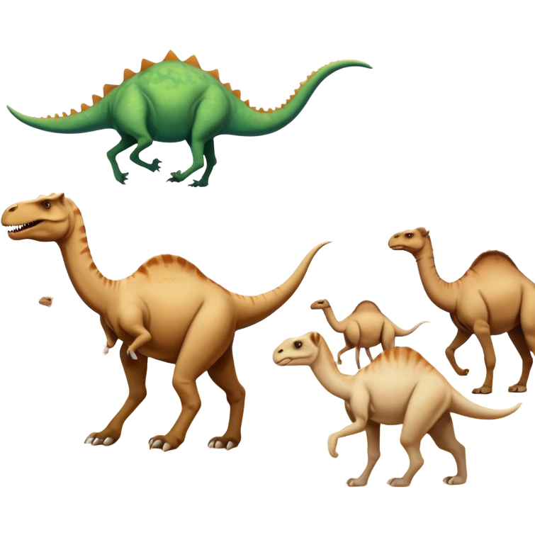 A white cat chasing a T-Rex in the desert with a herd of camels staring at them emoji