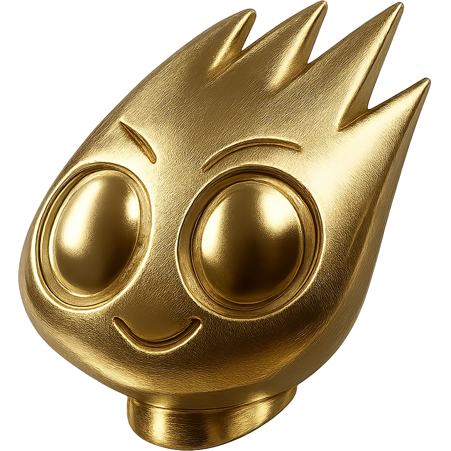 Create a gold flat token featuring the mascot head from the provided image. The head should be gold, identical in style and detail to the reference, centered, with no shadows, and on a transparent background. emoji