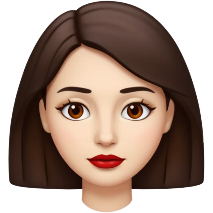 A woman emoji with fair skin, slightly wavy dark brown hair parted in the middle, an oval-shaped face, arched dark eyebrows, almond-shaped brown eyes, a small straight nose, and full lips with deep red lipstick. emoji