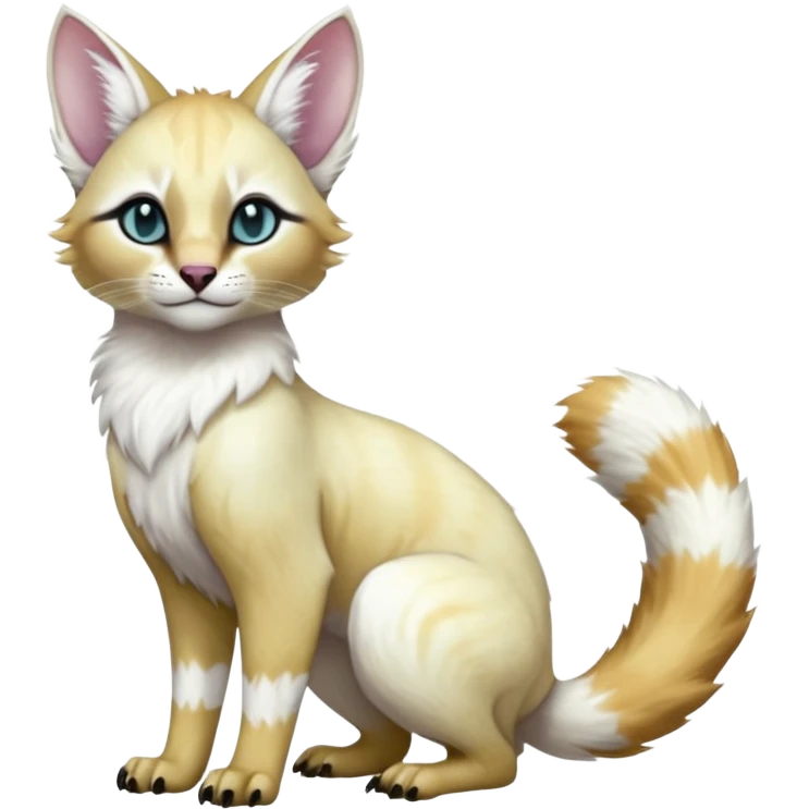 Colorful tropical pearly-albino-white iridescent glorious divine exotic cute cool beautiful shiny beautiful fantasy-caracal-civet-genet-sergal-vernid-Cacomistle-oncilla-animal-Fakémon-hybrid-fursona with tufted ears (full body) emoji