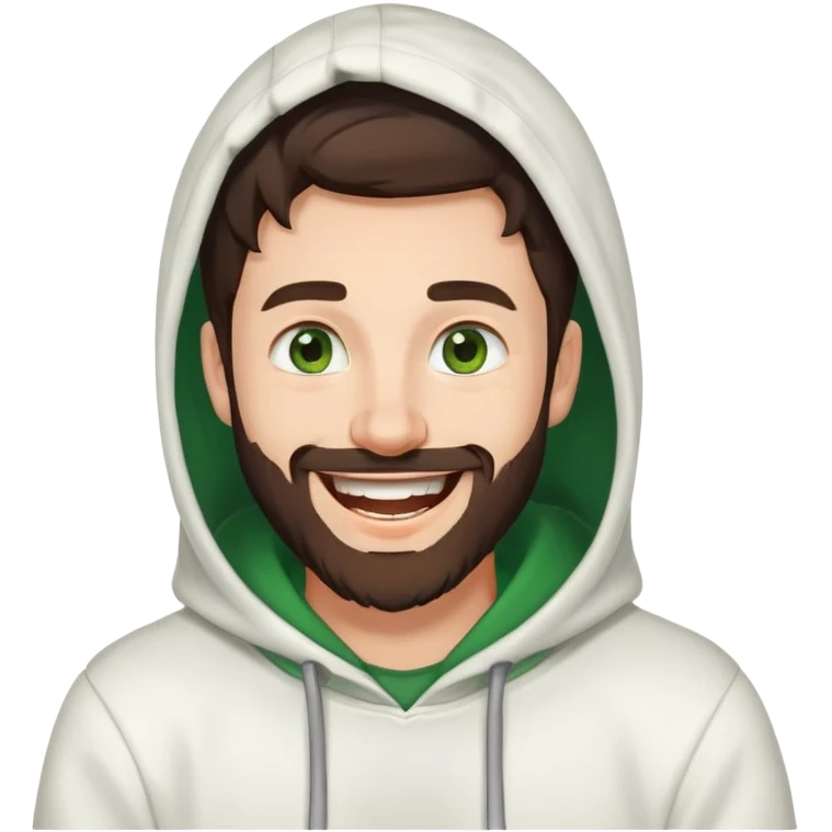 laughing guy with white hoodie, green eyes, dark brown hair and a short full beard emoji