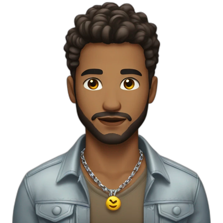 The guy is 23 years old, Alexander, hairstyle on the side, short beard, brown eyes, dressed in an unbuttoned shirt and jacket, silver chain on the neck emoji