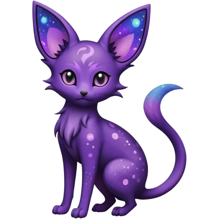 Obsidian Black Iridescent Deep-Violet Cosmic-Speckled Nebula-Marked Espeon-Noibat-Purrloin-hybrid-creature (full body) emoji