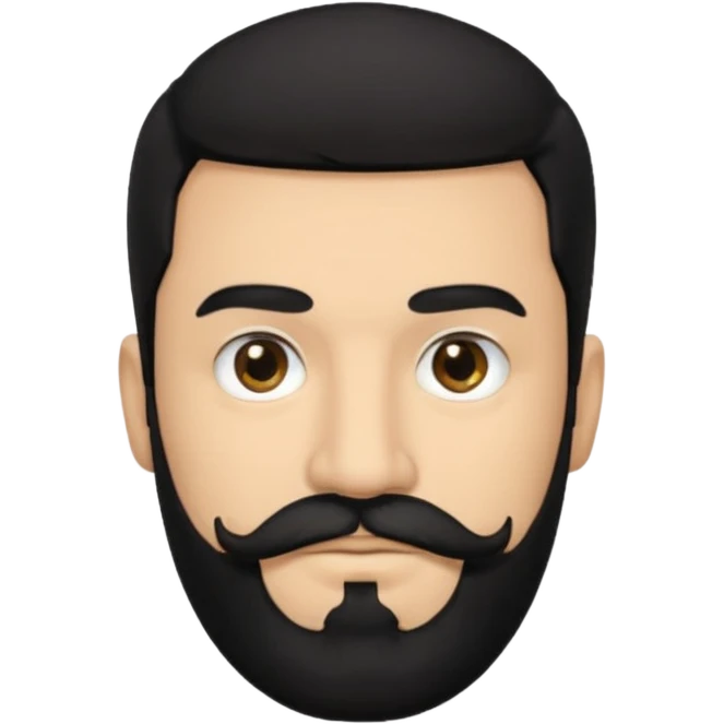 Man, hispanic skin, black hair, black beard, black mustache black eyes black t shirt emoji