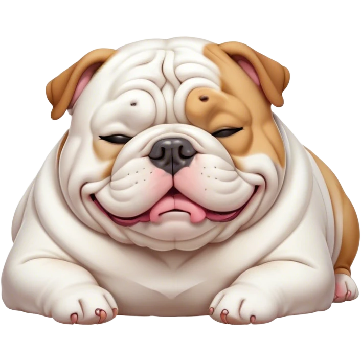 Cinematic Meme-Worthy Chubby Sleeping White English Bulldog Portrait Emoji, Head resting peacefully with a contented smile, showcasing a delightfully chubby build and a luxuriously soft pure white coat, eyes shut in a serene nap, Simplified yet hilariously adorable features, highly detailed, glowing with a soft, drowsy light, high shine, relaxed and utterly lovable, stylized with an air of playful laziness, bright and heartwarming, soft glowing outline, capturing the essence of a comically sleepy guardian, so meme-worthy it feels like it could instantly become the next viral sensation of adorable slumber! emoji