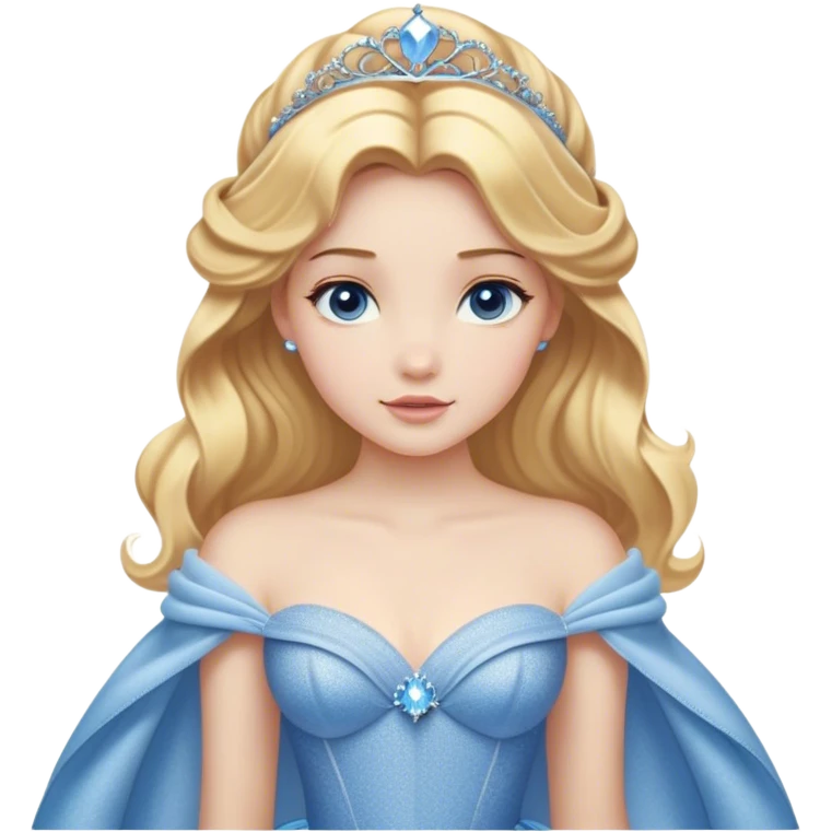 Cinematic Realistic Cute Cinderella Portrait, featuring fair, luminous skin with finely detailed texture and softly lit golden-blonde hair cascading in gentle waves. Her warm, inviting blue eyes sparkle with youthful charm and curiosity, while her classic, elegantly draped ball gown reveals meticulously rendered fabric details and natural folds. The overall composition is bathed in a gentle, realistic radiance that exudes both playfulness and heartfelt beauty. emoji