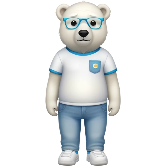 friendly anthropomorphised polar bear standing upright, looking chilled and unbothered, wearing a shirt, jeans, trainers, colorful glasses emoji