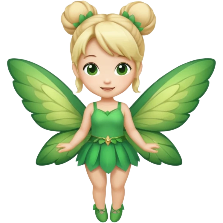 fairy with bun blonde hair, green wings, happy, chibi full body emoji