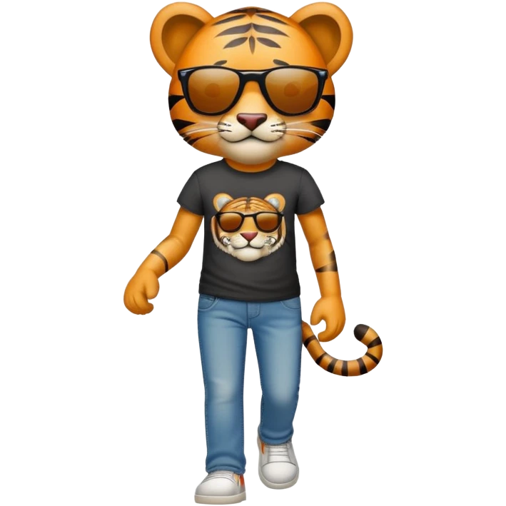 anthropomorphised tiger in a band t-shirt and jeans wearing sunglasses walking upright emoji