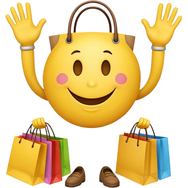HAPPY SMILEY FACE WITH HANDS AND FEET EMOJI WITH SHOPPING BAGS IN EACH HAND emoji