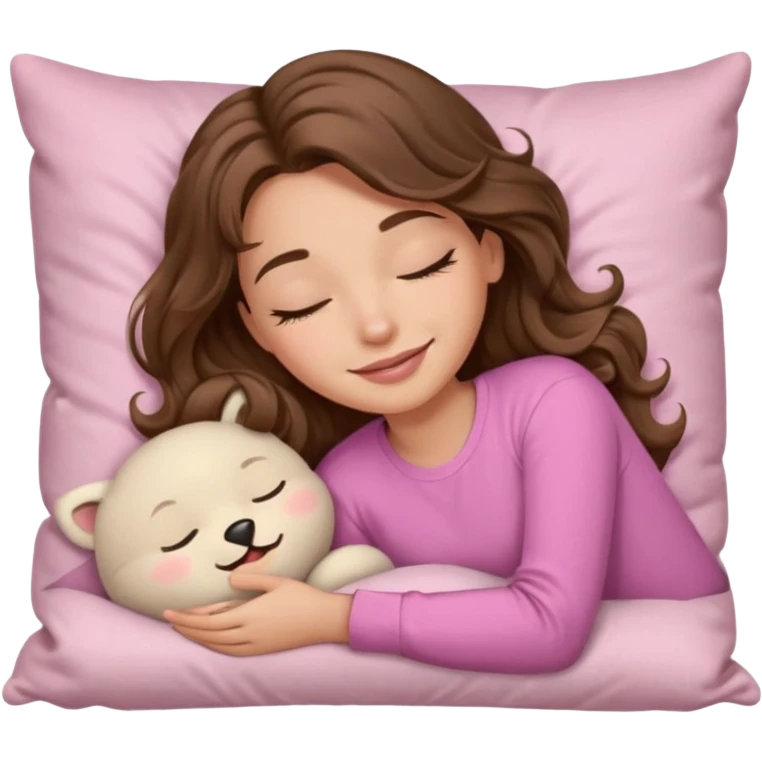 girl with wavy long brown hair, brown eyes, light to medium complexion, long lashes, light pink lipstick, smiling, wearing light pink shirt, sleeping on a cozy pillow emoji