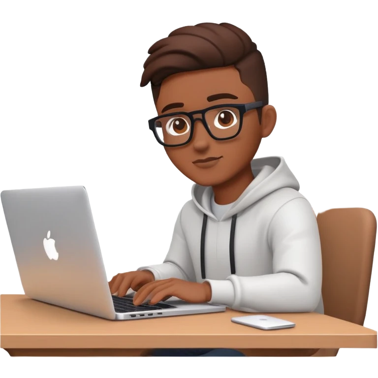 a male designer in brown skin tone workin on mac book with a background have figma,framer,spline 3d logo on background  emoji