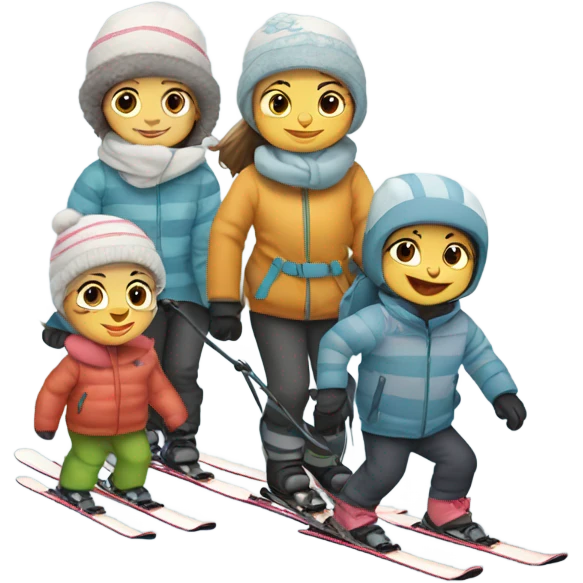 Baby skiing with its family of four, and a grey striped cat emoji