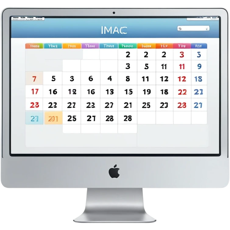 front view of an iMac with a single day-calendar on the screen, vertical hours on the left, horizontal client slots, some slots filled with color to show booked appointments emoji