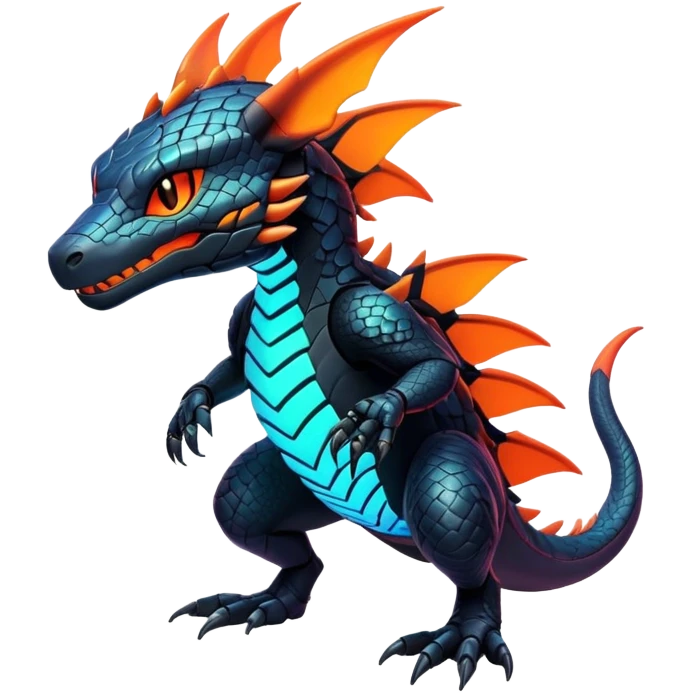 Modern Futuristic Scaly Iridescent Neon-glowing  Cyber-Salandit-Litten-Hybrid (Full body) emoji