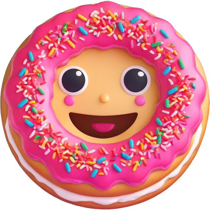 cute and expressive emoji-style face made entirely from a donut, big sparkling eyes, joyful smile, colorful sprinkles, cherry on top, representing happiness and love for sweets emoji