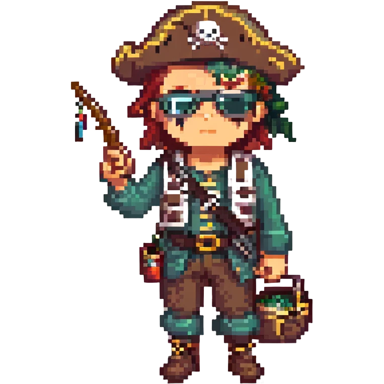 pirate with an eyepatch and fishing gear, pixel art style, simple background emoji