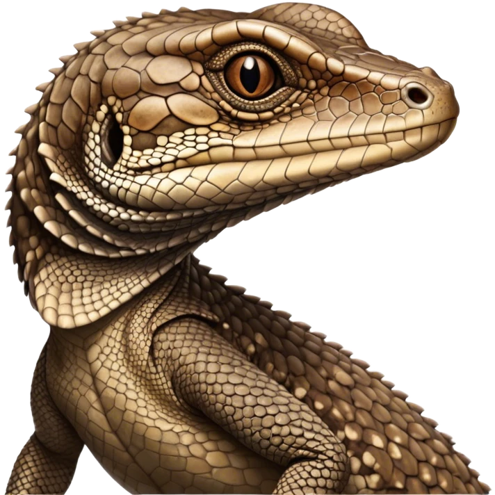 Cinematic Noble brown camo spotted monitor Lizard Portrait Emoji, Poised and regal, with a robust, scaled body exhibiting striking, mottled patterns and piercing, alert eyes, Simplified yet sharp and sophisticated features, highly detailed, glowing with a soft, earthy glow, high shine, intelligent and formidable, stylized with an air of ancient wilderness, focused and commanding, soft glowing outline, capturing the essence of a watchful and confident reptilian guardian that appears ready to stride out of the screen with effortless authority! emoji