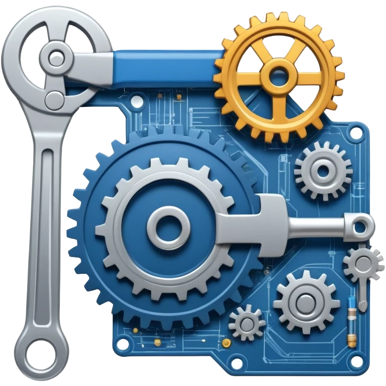 An icon featuring gears, a wrench, and a blueprint, symbolizing engineering. The design includes a mechanical arm, circuit boards, and construction tools, representing innovation, problem-solving, and technological advancement. Transparent background highlights the science of design emoji