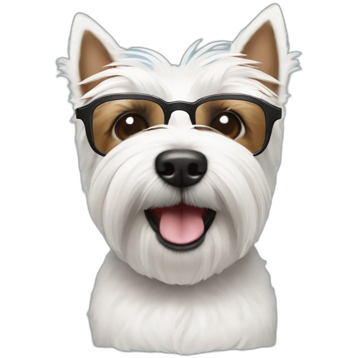 Perro westie con un hombre con pelo de punta y gafas emoji