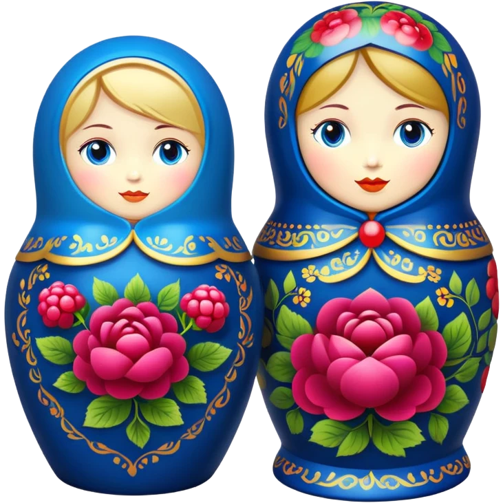 blue matryoshka doll painted in Khokhloma style with a raspberry inside emoji