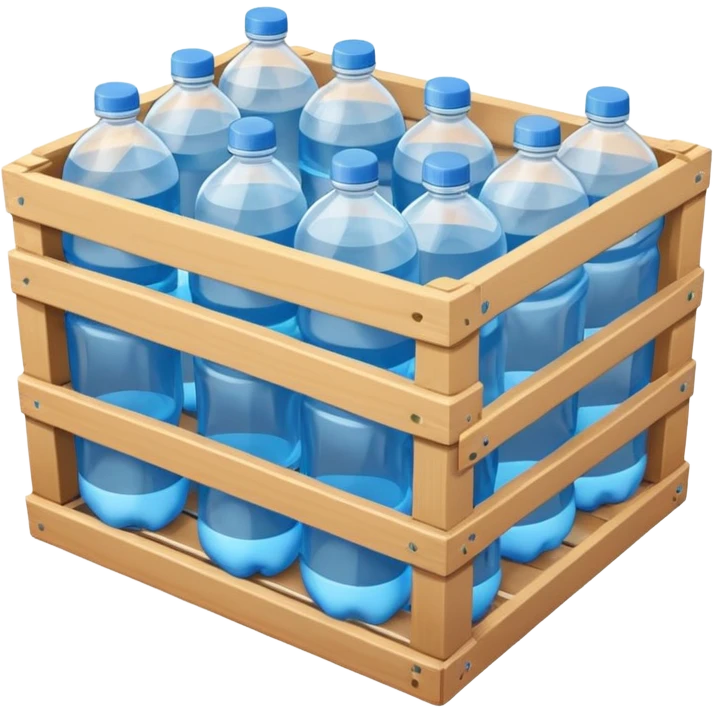 A 3D cartoon crate filled with water bottles, neatly arranged, bright industrial background, smooth reflections, realistic Memoji-style. emoji