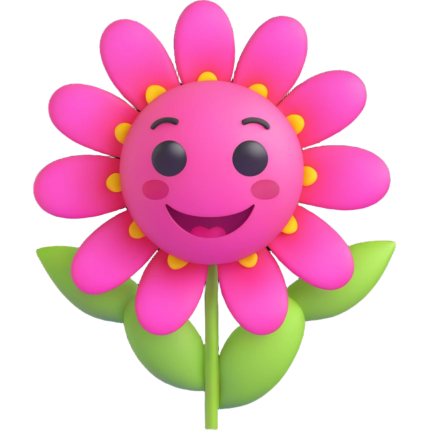 cute pink emoji face catching a flower in its mouth, playful and innocent, sparkling eyes, 3D emoji style emoji