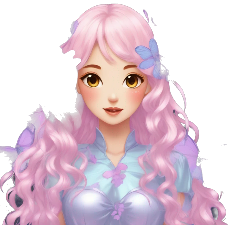 gorgeous shiny blushing anime pastel lady with butterflies and beautiful hair fairycore high quality detailed vogue trending aesthetic emoji