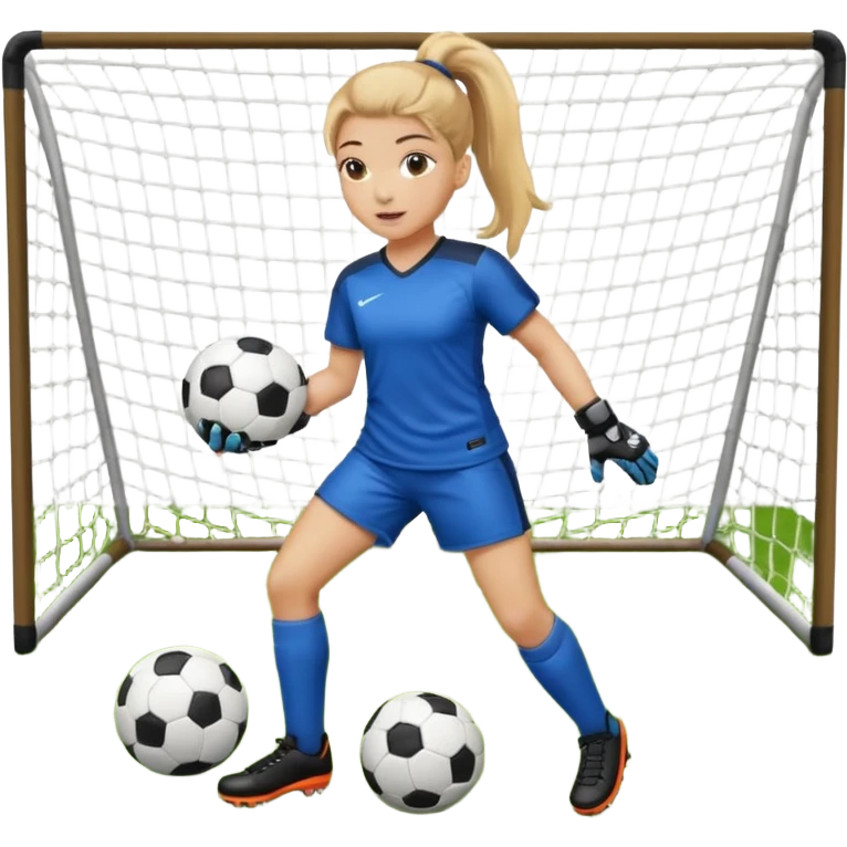 Make a dirty blonde football goalkeeper with goalkeeper gloves on holding a football. The girl is light skinned and wearing a football kit and football shoes. Standing in front of football goal. Wearing a ponytail with the dirty blonde hair. Without a American football ball emoji