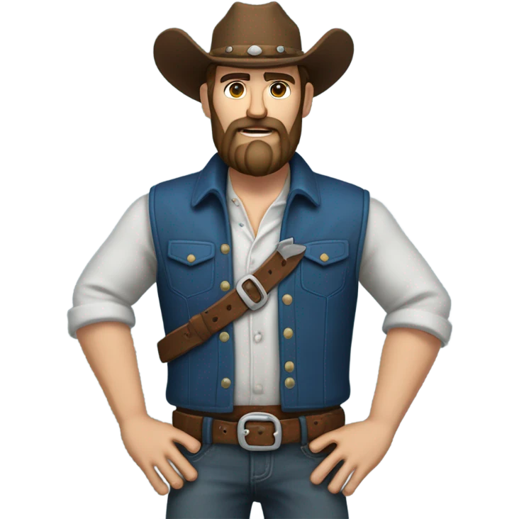 a rugged cowboy with a thick beard, wearing a blue vest over a classic western shirt and a brown belt with a silver buckle. He should have a confident stance, showing full torso emoji