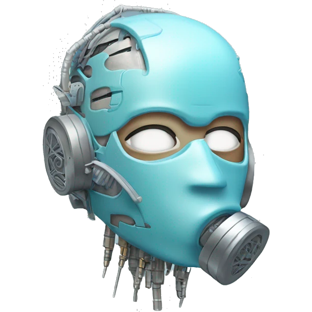 Pastel blue haired cyborg head with silver respirator mask and circuits emoji