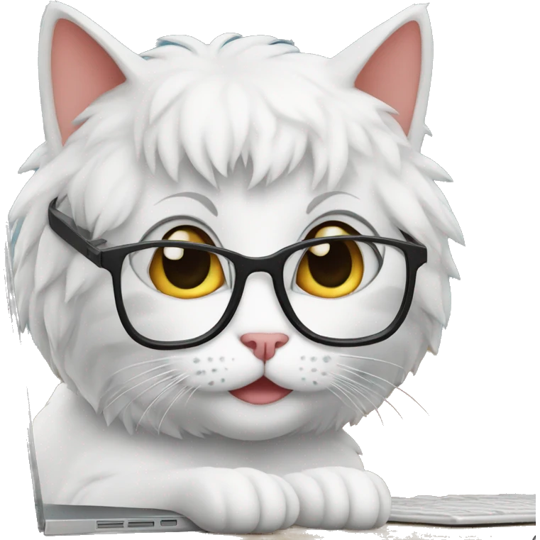 a nerdy cat in front of a computer and glasses emoji