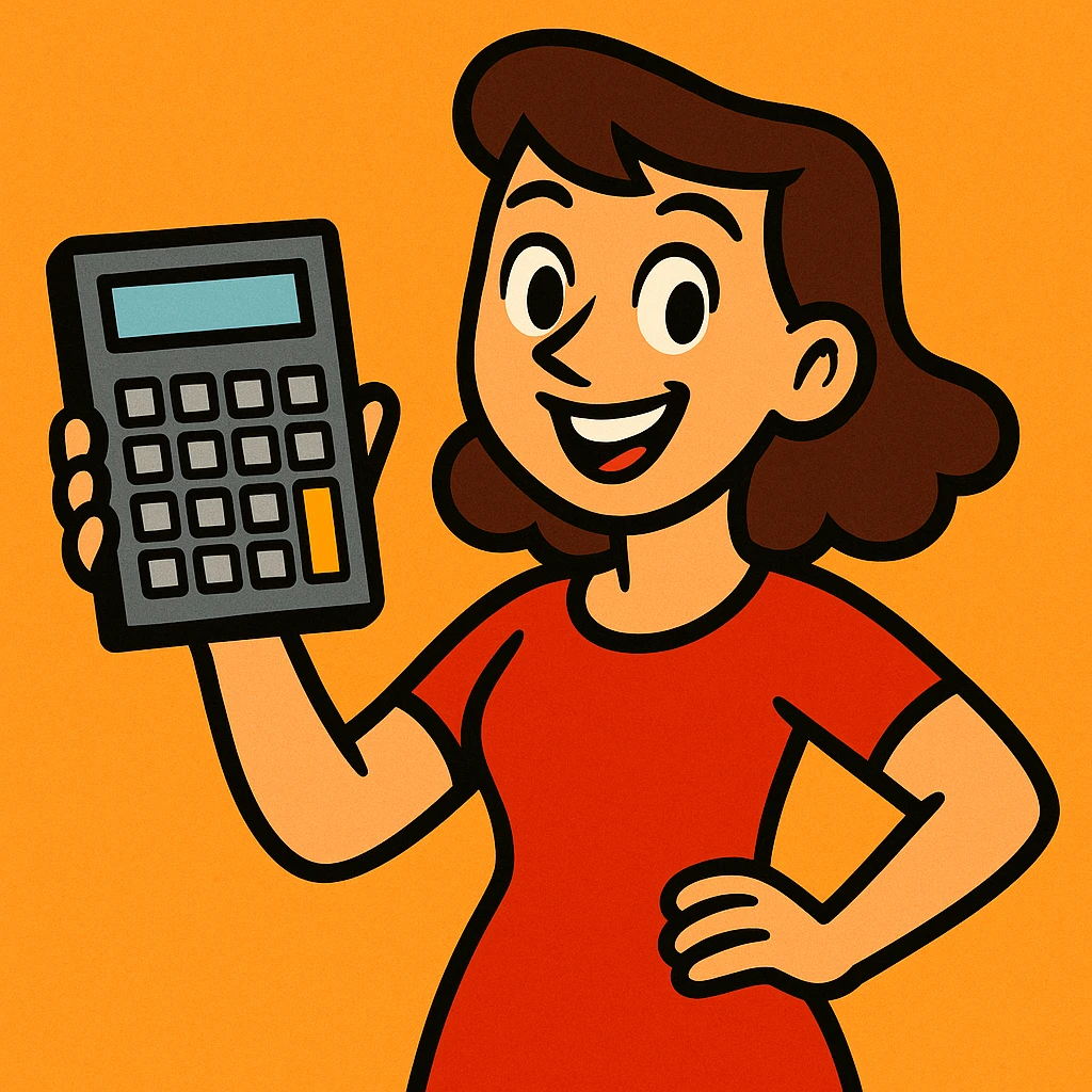 woman in a red dress, calculator in hand, cheerful expression emoji