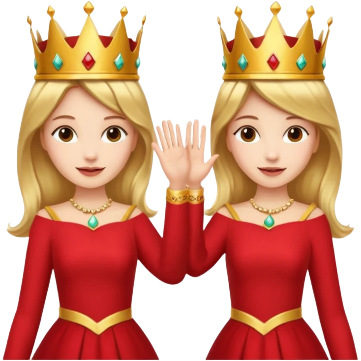 Two women wearing crowns and identical outfits giving each other a high five. emoji