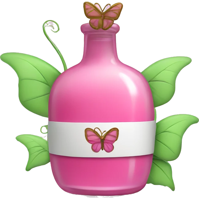 Pink potion with green vines wrapped around it with a pink butterfly sitting on top emoji
