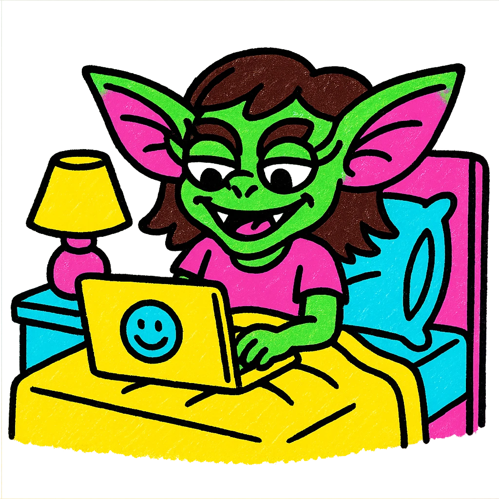 vibrant pop art style gremlin girl with dark brown hair, pretending to work from bed, colorful bedroom, playful mood emoji
