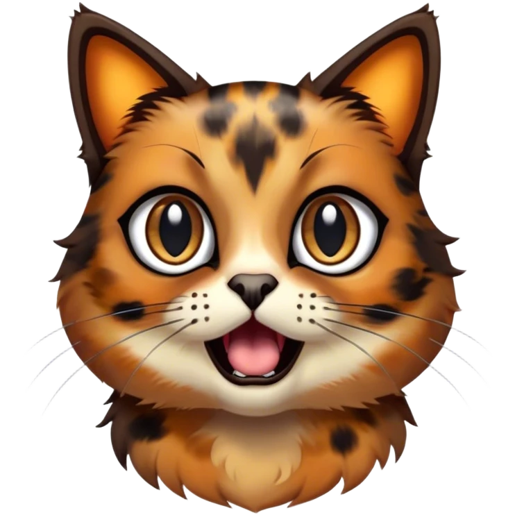 Cinematic Comical Tortoiseshell Cat Portrait Emoji, Head cocked dramatically with an over-the-top shocked expression, featuring a rich mottled fur of browns and blacks and wide, comically animated eyes full of playful disbelief, simplified yet hilariously detailed, glowing with a bold, sassy radiance, high shine, exuding a mischievous and spirited charm, styled with a soft glowing outline, capturing the essence of a tortoiseshell cat that appears ready to burst into comical antics! emoji