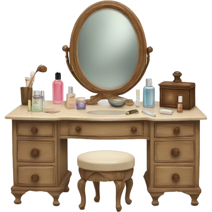 Antique vanity with mirror and skincare products laid out  emoji
