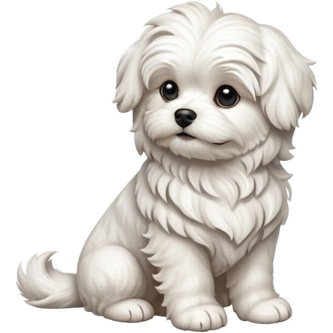 detailed-[wavy haired maltese-dog]-realistic-full-body-sitting-emoji,-tail-resting-loosely-beside-its-paws,-head-tilted-dramatically,--wavy-[white]-fur,-simplified-yet-realistic-focused-features,-highly-detailed,-glowing-with-an-almost-sarcastic emoji