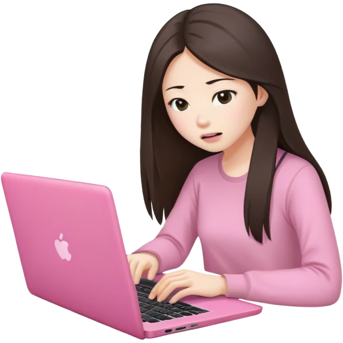 Stressed long hair brunette asian working on pink laptop  emoji