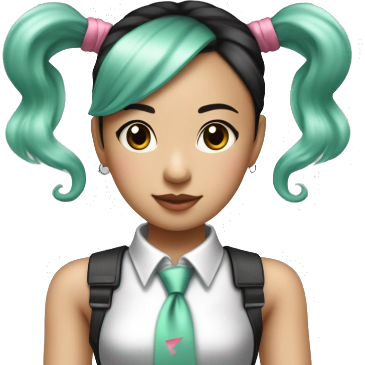 An Asian girl with long mint colored twin ponytail wearing a sleeveless silver shirt, a mint colored tie, and a black flared arm sleeve with a red 01 tattoo on her left arm has a pink square with a black border running through each ponytail emoji