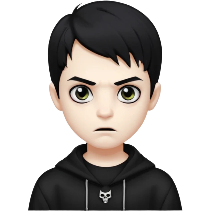 Vampire boy with the black hair, pale-white skin, black eyes, little fangs and dark circles under his eyes. He has serious face and he wear a black oversize sweatshot emoji