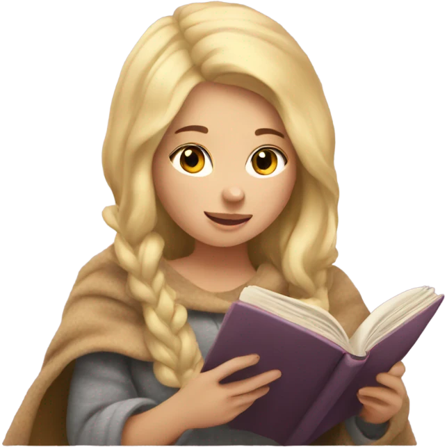 Cozy blonde girl reading book with blanket emoji
