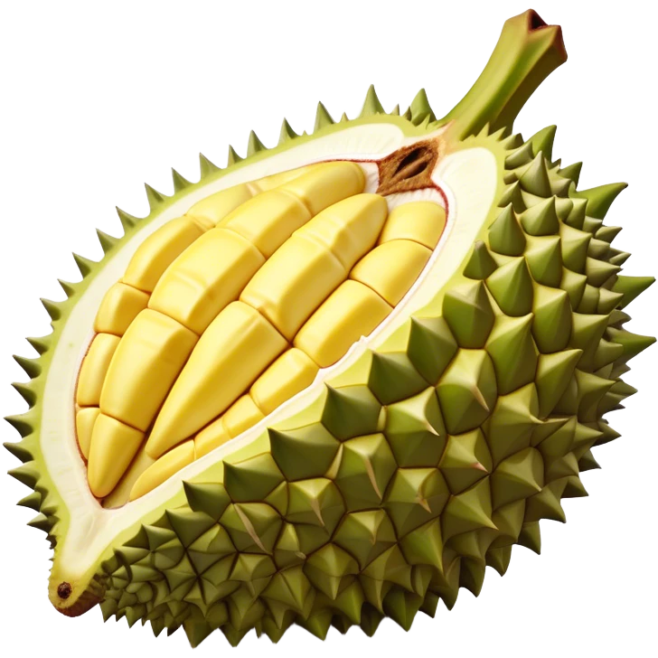 Cinematic Realistic Durian Fruit Dish Emoji, depicted as the notorious spiky fruit with a rich, custardy interior rendered with lifelike detail and bold, distinctive lighting. emoji