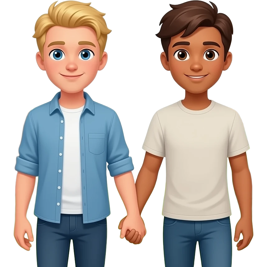 Make a gay couple on a Date , one has light Skin with Blond Hair and Blue Eyes, the other one has slightly brown skin witz dark Brown Hair and Brown Eyes. They are walking through a forest and hold hand. emoji