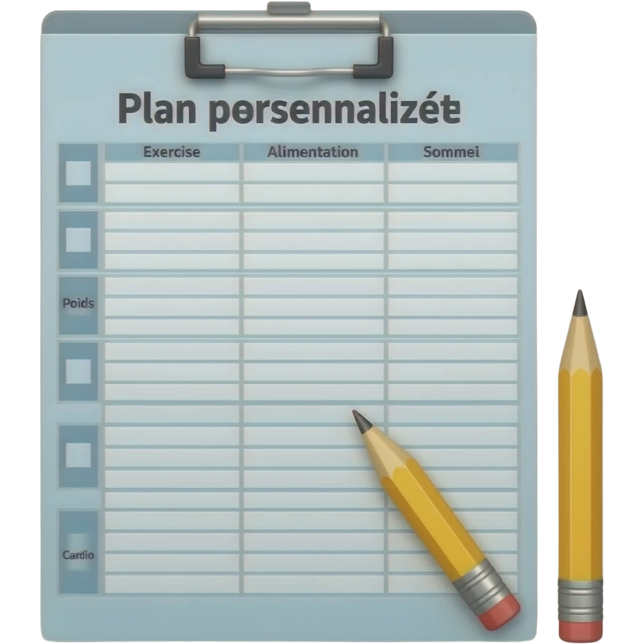 A gym workout plan, with a pencil in the corner and titled "Plan personnalisé" should clearly state the following: Exercice, Alimentation, Sommeil, Poids, Cardio. this is French emoji
